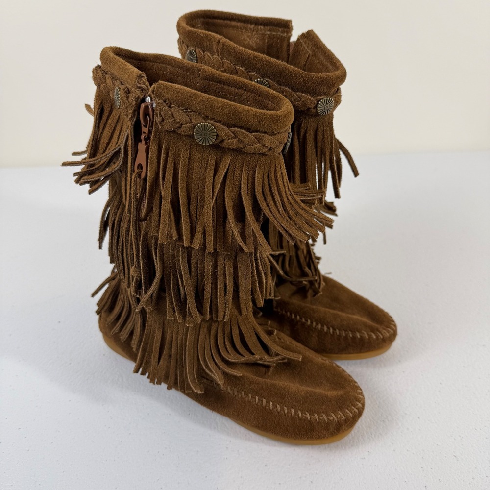 Minnetonka Kids Brown Suede 3-Layer Fringe Moccasin Boots Size 3 2658